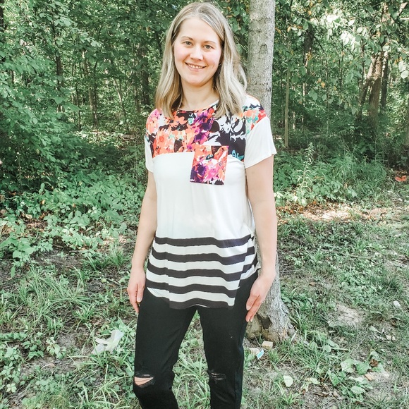 Floral and Stripe Contrast Boutique Top - Picture 1 of 2